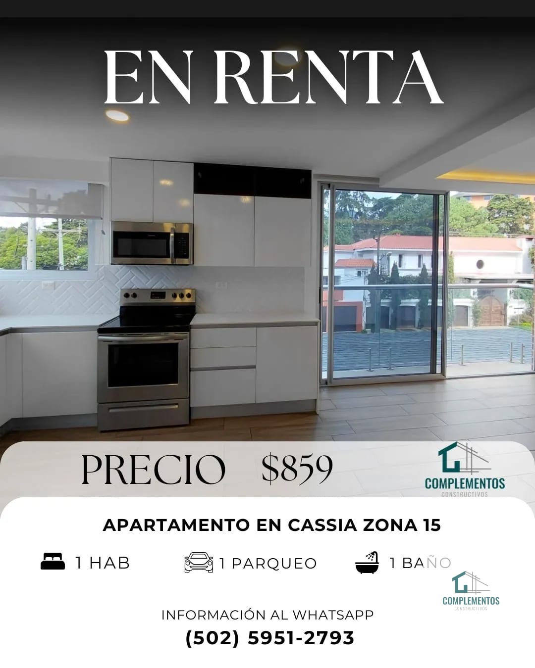 Cassia, Apartamento en Renta zona 15, 1hab. 50m2 — Apartamento en Alquiler en Cassia, Zona 15, Guatemala, Ciudad — foto 10 de 17