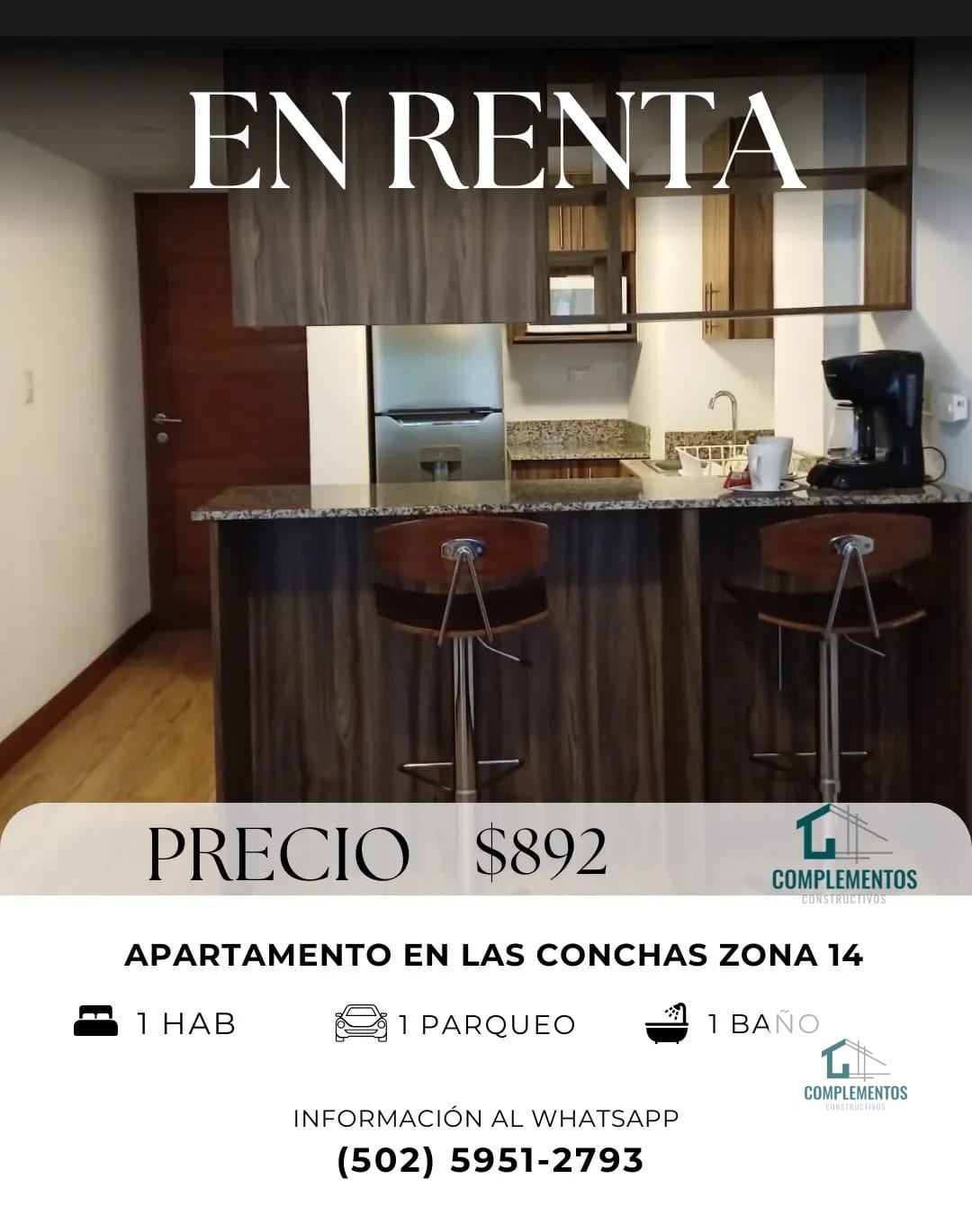 Las Conchas, Apartamento en Renta Zona 14, 1hab. 50m2 — Apartamento en Alquiler en Las Conchas, Zona 14, Guatemala, Ciudad — foto 1 de 9