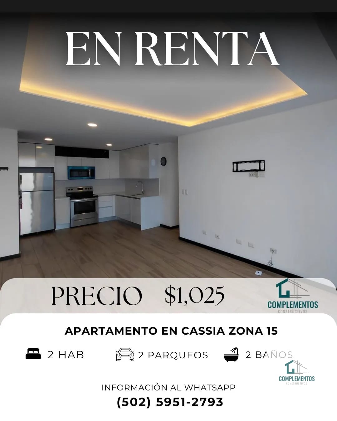 Cassia, Apartamento en Renta en zona 15, 2hab. 75 m2 — Apartamento en Alquiler en Cassia, Zona 15, Guatemala, Ciudad — foto 1 de 9
