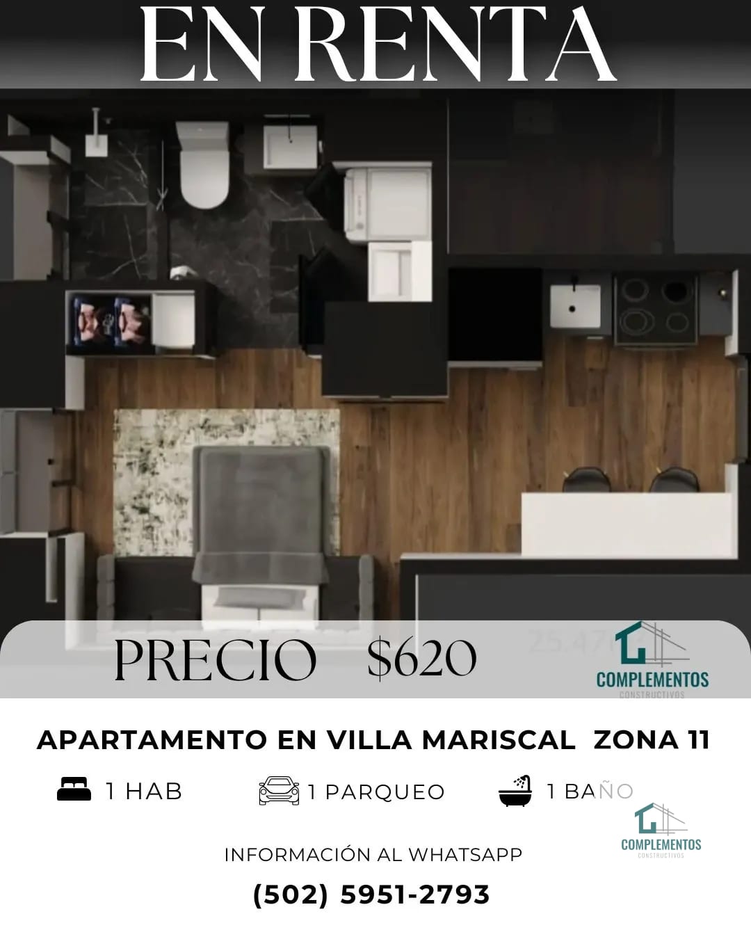 Villa Mariscal, Apartamento en Renta zona 11, Tipo Estudio. — Apartamento en Alquiler en Villa Mariscal, Zona 11, Guatemala, Ciudad — foto 1 de 6